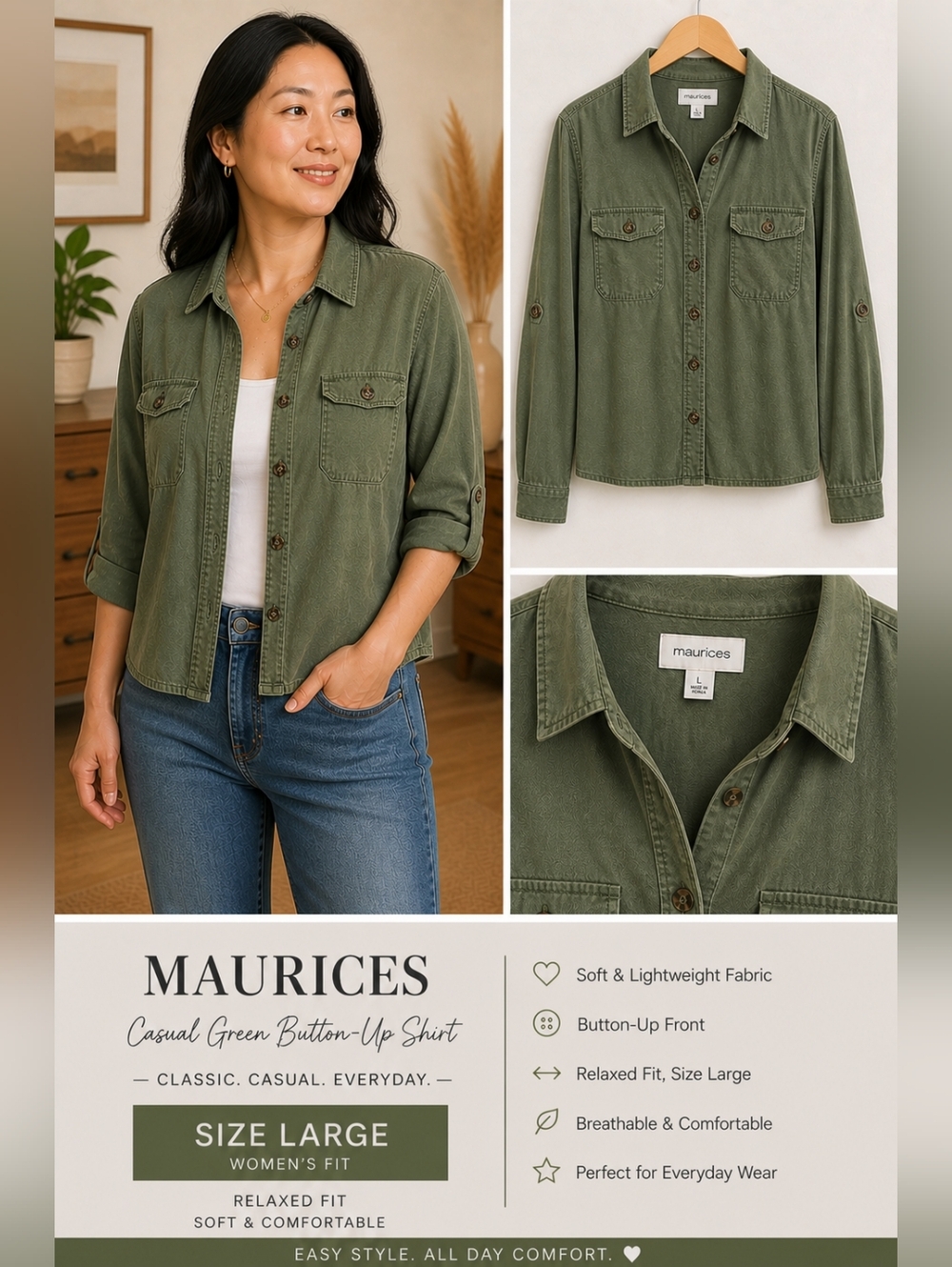 Women's Maurice's Casual Olive Green Button-Up Shirt Jacket Size Large